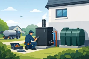 External oil boiler installation beside a home with oil storage tank and heating engineer