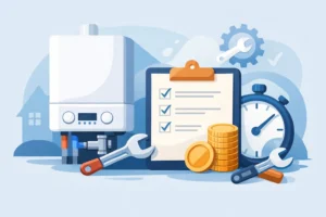 Fixed price boiler repairs illustration showing repair checklist, costs, tools and service time
