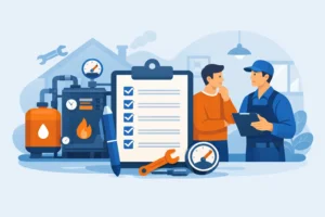 Oil boiler installer checklist showing engineer discussing installation and safety checks with a homeowner