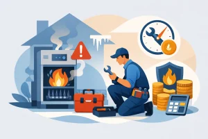 Emergency heating repair showing engineer fixing a faulty boiler and associated repair costs